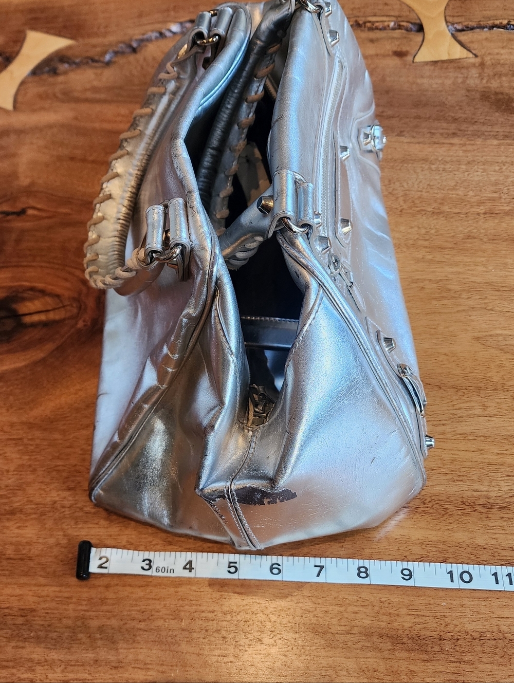 Balenciaga Metallic Silver Satchel City Bowling Bag With Braided Handles - Picture 13 of 16
